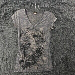 California Girlz Tshirt Womens Small Fleur De Lis Wing Burnout Vneck Shirt